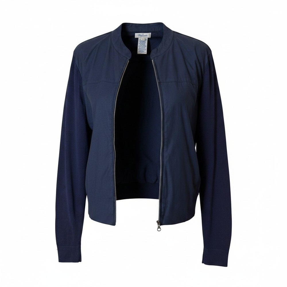 Faconnable Women Bomber Jacket L Navy Blue‎ Mixed Media Knit French Chic Minimal